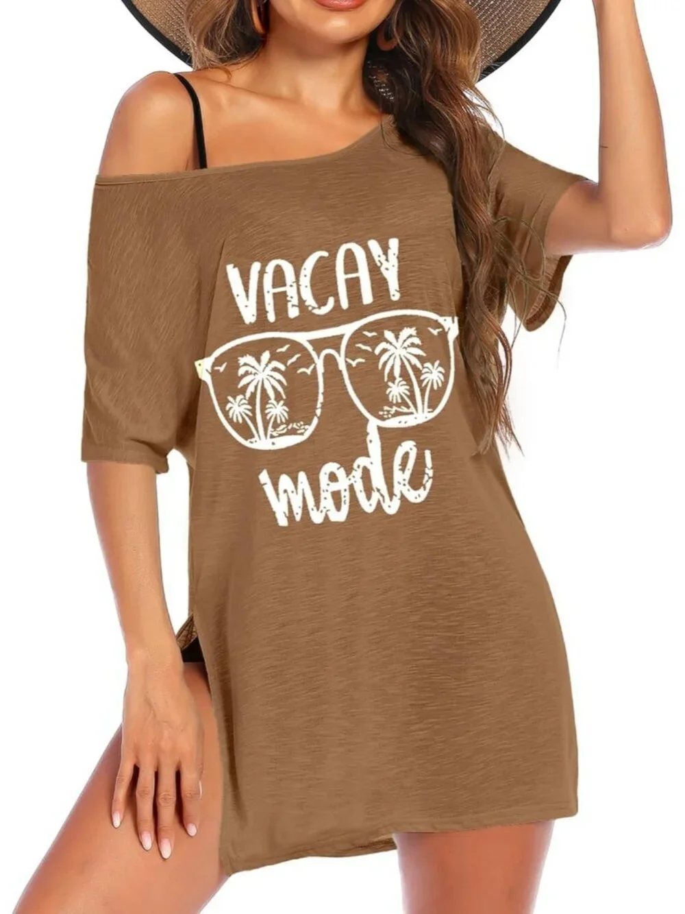 Women's Brown Coconut Tree Sleeve Cover Ups for Beach Bathing Suit Swimwear